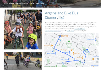 A screenshot from a website, showing a Google Map and a bunch of kids on bikes