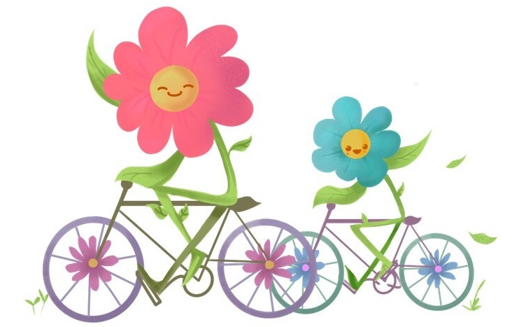 The image shows a vibrant and cheerful illustration with the text FAMILY BIKE RIDE at the top in bold, playful lettering. In the center, there is a young girl wearing a yellow helmet and a blue t-shirt with a smiley face design. She is riding a blue bicycle and waving while holding an ice cream cone with multiple scoops. The girl appears joyful and is smiling widely.